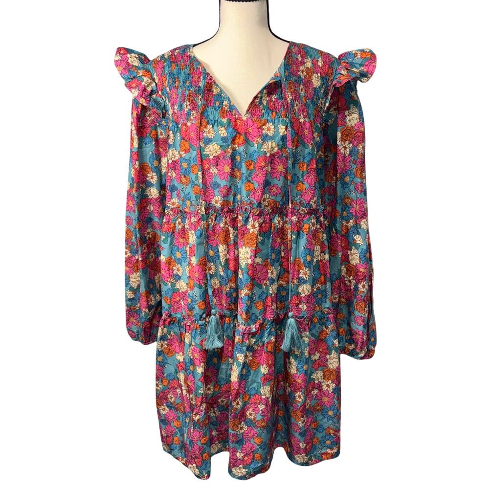 ODDI Cottagecore Floral Cotton‎ Tiered Boho Ruffle Long Sleeve Dress EUC LG